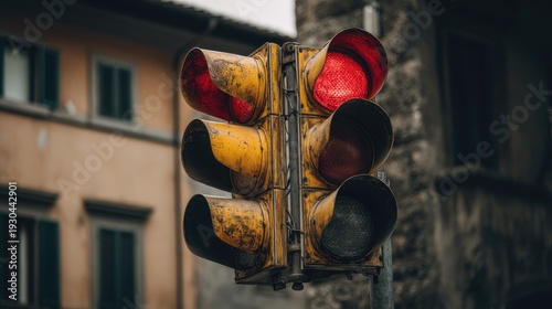 Rusty vintage traffic light with red signal in urban environment showcasing weathered texture and colorful design, emphasizing road safety and traffic regulations