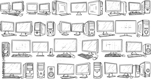Seamless pattern of hand-drawn desktop computers and accessories in various configurations, illustrating technology, office, and electronic equipment in a sketch art style.