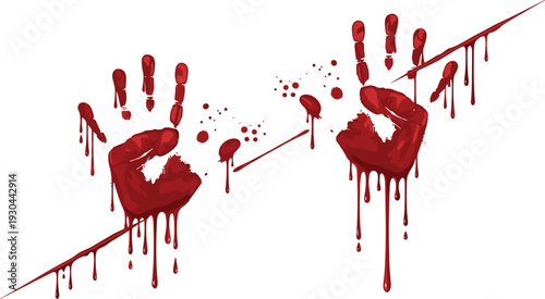 Bloody handprints and splatter horror background isolated on white backdrop Halloween crime concept vector illustration