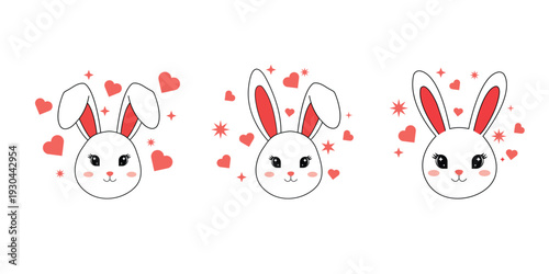 Cute white bunny face illustration set with hearts and stars