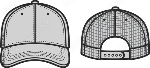 Baseball cap front and back view vector illustration, trucker hat outline design with mesh panel, adjustable snapback closure template