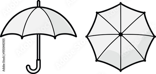 Classic umbrella vector illustration, side and top view, rain protection accessory outline design isolated on white background