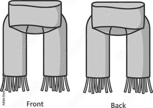 Classic winter scarf vector illustration, front and back view, warm neck wrap with fringe isolated on white background