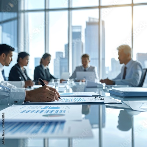 Executives collaborate during a high-level boardroom meeting with city views.