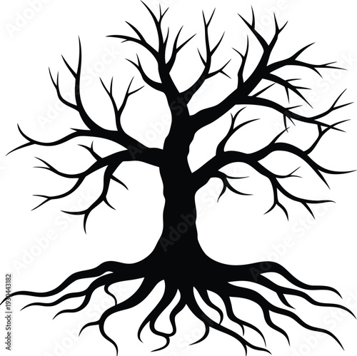 Bare tree silhouette with exposed rootson a transparent background