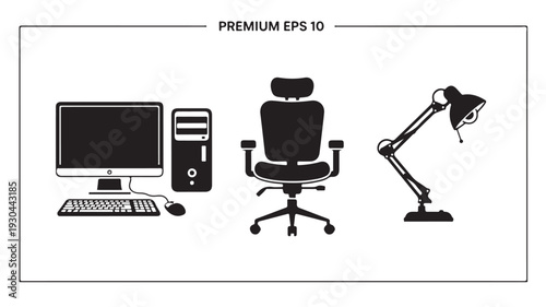 Computer workstation with office chair and desk lamp in minimalist black silhouette style on white background for graphic design