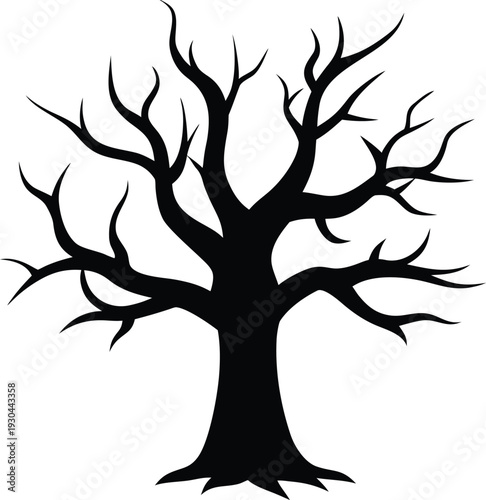 A black silhouette of a bare tree with sprawling branches on a transparent background