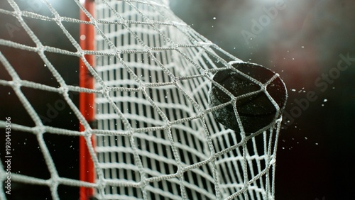 An ice hockey puck hitting the back of the net as it scores a goal