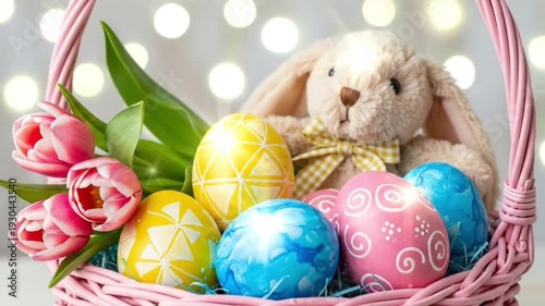 Colorful Easter eggs nestled in a pink basket with fresh tulip flowers and an adorable toy rabbit for spring holiday cheer