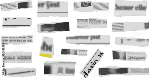 Scattered torn newspaper clippings show blurry text pieces suggesting.