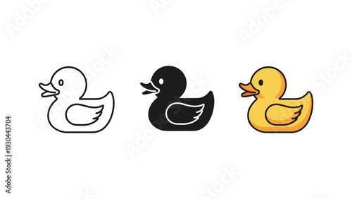Three cartoon rubber ducks in black, white, and yellow colors isolated on white background for kids toys and bath theme