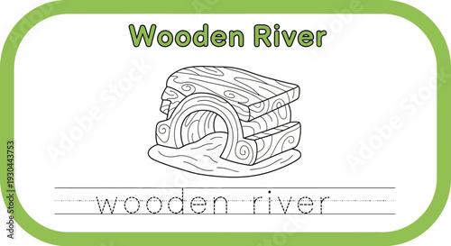 Hand-drawn illustration of a wooden river for children's learning and tracing activities.