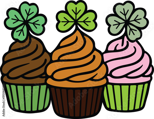 St Patricks Day cupcakes vector illustration with shamrock toppers and colorful frosting in green and orange tones