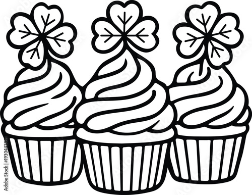 Set of three cupcake coloring page illustrations with shamrock clover toppers for St Patricks Day activities