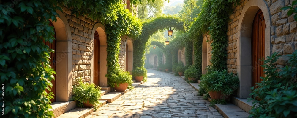 Obraz premium Stone alleyway with arched green plants tunnels and potted plants. Cobbled path leads through old town buildings with wooden doors. Sunlight filters through trees creating bright day scene.