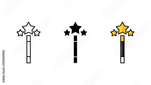 Three golden star rating bars with increasing stars for business success and growth concept isolated on white background