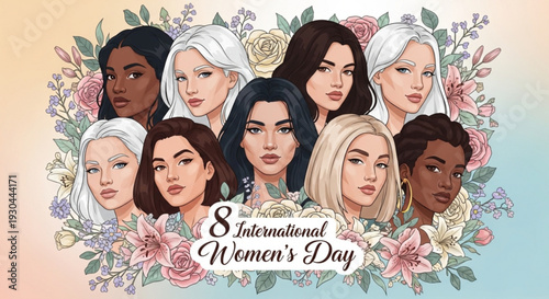 Diverse women celebrating International Women's Day with flowers