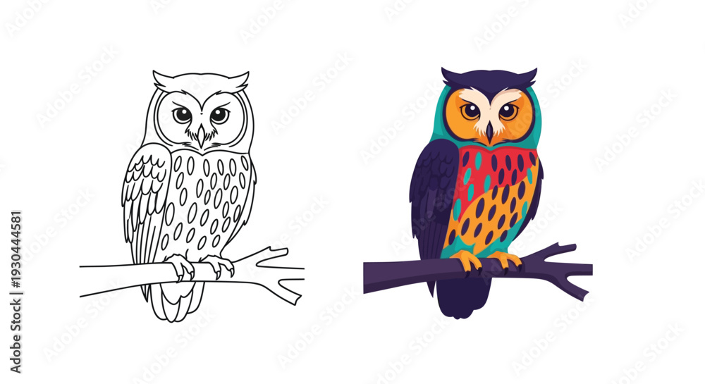 Obraz premium A detailed owl bird illustration shown in outline and colorful style perched on tree branch