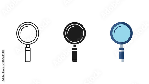 Three magnifying glasses with black, white, and blue lenses isolated on white background for analysis and search concepts