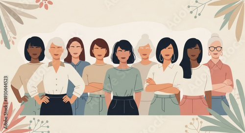 Diverse group of confident women standing together in unity and solidarity