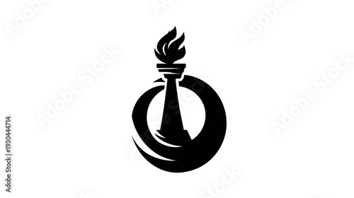 A black and white stylized illustration, featuring a torch with flames and a surrounding circular design