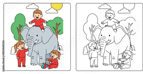 Cute cartoon illustration of happy children playing with a friendly elephant in nature