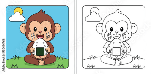 Cute cartoon monkey sitting on green grass eating a delicious onigiri rice ball