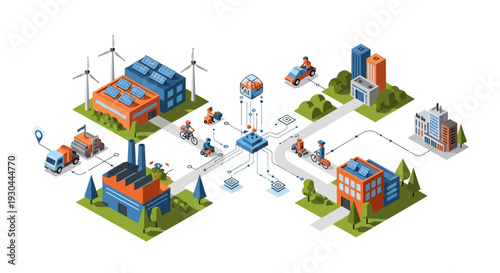 Isometric illustration of an industrial complex with factories and wind turbines.