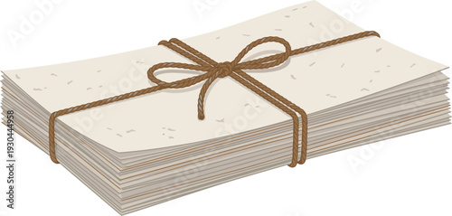 Stack of aged paper documents tied neatly with rustic brown twine forms a.