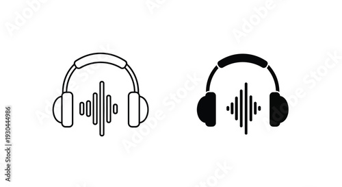 Collection of two headphone icons one outline and one filled silhouette representing audio playback or podcast listening experience