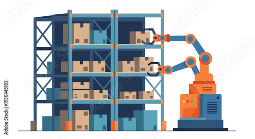 Warehouse Storage with Robotic Arm Handling Cardboard Boxes.