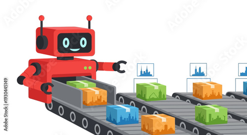 Robot managing packages on a conveyor belt with colored boxes.