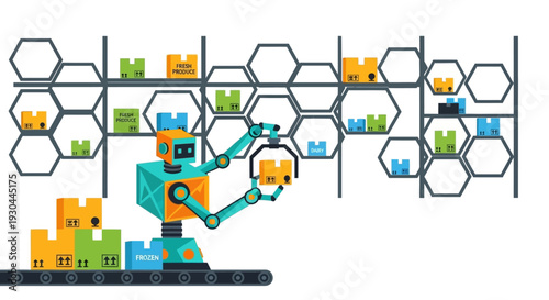 Robotic Arm Organizing Packages in a Warehouse.