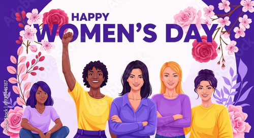 Diverse women celebrating Women's Day with empowerment and flowers