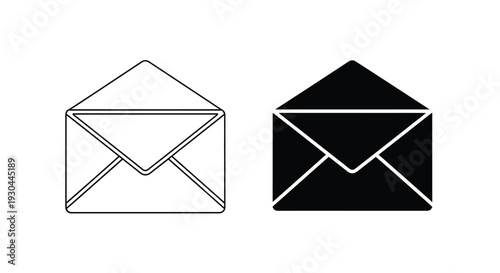 Collection of two open envelope icons presented side by side featuring one outline style and one solid fill style for clear communication design