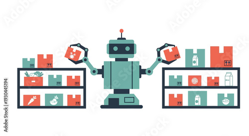 Robot organizing boxes on shelves with mechanical precision and efficiency.