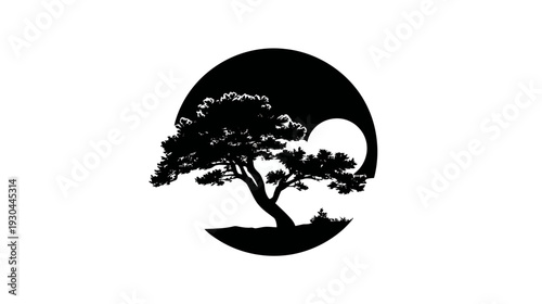 A silhouette of a bonsai tree, inside a circle with a partially visible sun