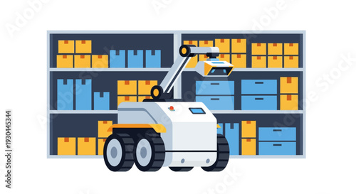 Robot picking boxes from storage shelves in a warehouse.