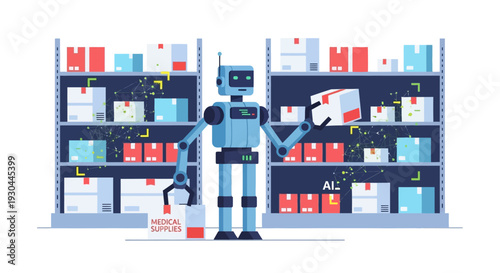 Robot standing in a library surrounded by books and documents.