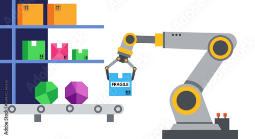 Industrial robotic arm handling packages in a warehouse.