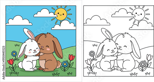 Cute cartoon bunnies hugging in green meadow, happy white and brown rabbit friends embracing under smiling sun