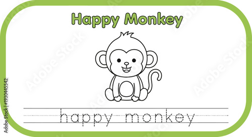 Happy Monkey Coloring Page for Kids - Learn to Write 'Happy Monkey'