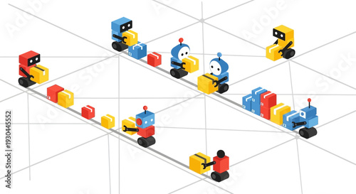 Colorful toy robots and trucks on a conveyor belt.