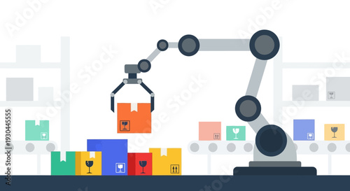 Industrial robotic arm lifting a box in a warehouse.