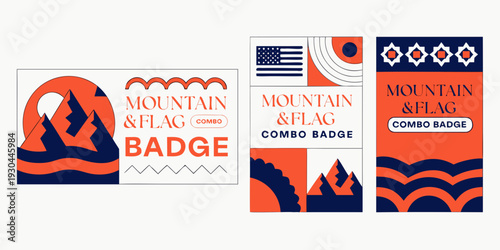 USA, US, U.S, United States - Mountain & Flag Combo Badge Set – Modern Minimalist Outdoor Logo Designs in Bold Geometric Style
