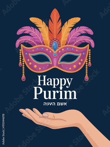 Colorful mask with feathers and hand holding it on dark background