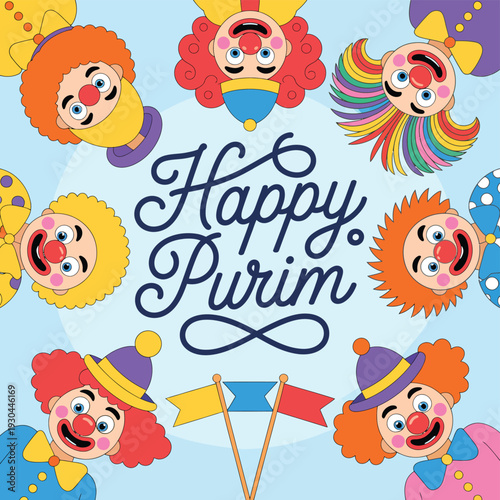 Colorful clown faces celebrating Purim with festive flags