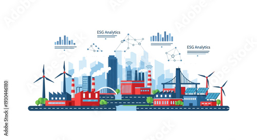 Industrial landscape with factories and wind turbines.