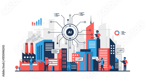 Industrial cityscape with network and data visualization elements.
