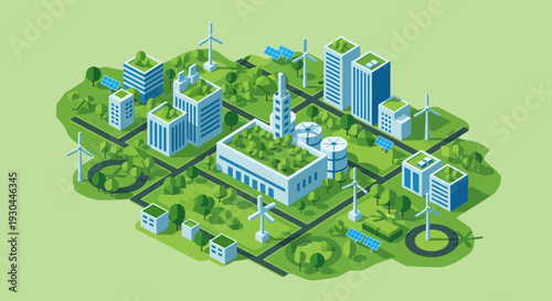 Sustainable eco-friendly city with green buildings and renewable energy sources.